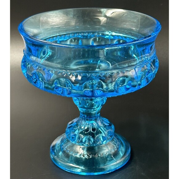 Indiana Glass King's Crown Turquoise Blue Glass Candy Dish Pedestal Bowl - Picture 2 of 7